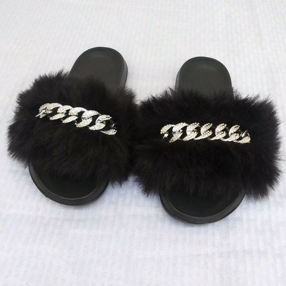 Black Faux Fur Slides/Slippers/With Chain - Picture 7 of 7